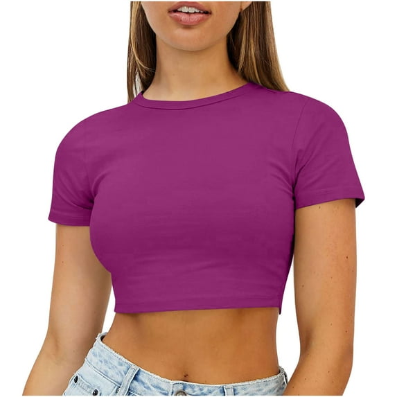 Kakina CMSX Womens Plus Size Tops Clearance Women Crop Cute Trendy Basic Tight Rounk Neck Crop Blouse Short Sleeve Crop TopS