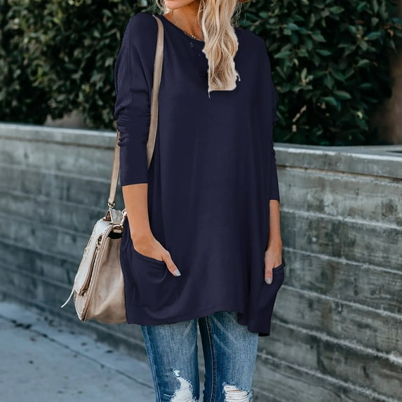 KIHOUT Womens Tops Plus Size Women's sexy fashion pullover round neck long sleeve pocket t-shirt top