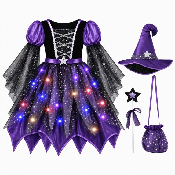 Kakishop 4 Piece Girls Witch Halloween Set Sequin Tulle Witch Dress with Wizard Hat Candy Bag Kids Dress Up Performance Sets (Dark Purple,5-6 Years)