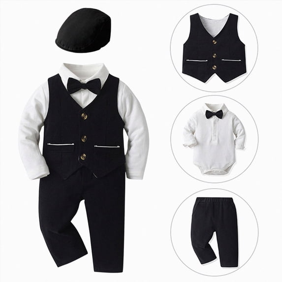 Kakishop Baby Boy Clothes Suit 0-24 Months Infant Gentleman Outfits Formal Dress Shirt + Bowtie + Vest + Pants Set Baby Wedding Suits (Black,18-24 Months)