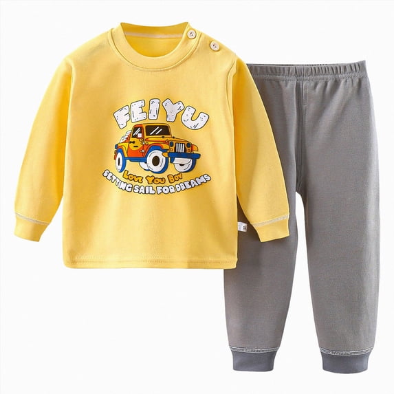 Kakishop Baby Boy Fall Outfit 3 6 12 18 24 Months 2T 3T 4T 5T Toddler Kids Girl Fall 2Pcs Clothes 2 Piece Outfits Contrast Color Long Sleeve Sweatshirt and Elastic Pants Set,Yellow