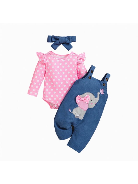 Baby Girl Clothes Newborn Ruffle Romper Elephant Jeans Overall Adjustable Suspender Pants Set 3 6 9 12 18 Months (Pink,12-18 Months)