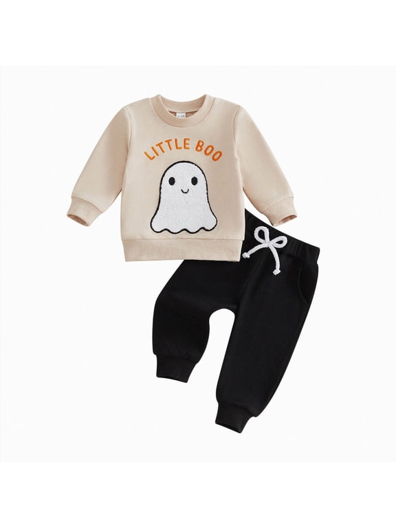 Baby Halloween Clothes Outfits Toddler Boy Girl Cute Ghost Crew Neck Long Sleeve Sweatshirt Tops Pants Set (Beige,12-18 Months)