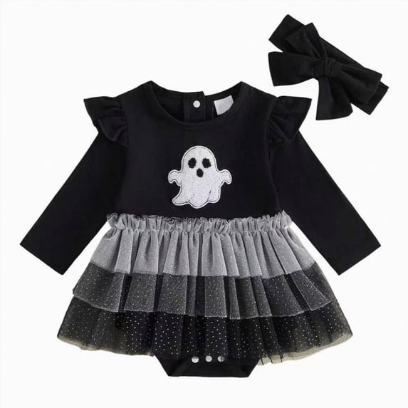 Kakishop Baby Halloween Outfit Newborn Girl Pumpkin Bow Bubble Romper Sweatshirt Infant Bodysuit Cute Fall Winter Clothes (Black,6-12 Months)