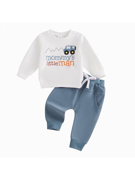 Baby Toddler Boy Spring Fall Clothes Set 6 12 18 24 Months 2T 3T Letter Print Long Sleeve Sweatshirt and Elastic Pants 2 Piece Outfits (Blue,6-12 Months)