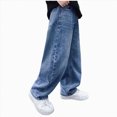 thumbnail image 1 of Kakishop Boys Cargo Jeans Baggy Straight Leg Loose Streetwear Trousers Denim Pants with Pockets (Light Blue,9-10 Years), 1 of 5