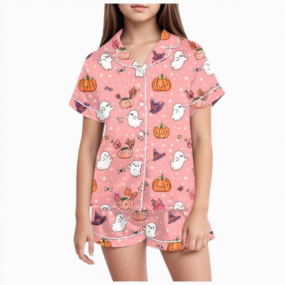 Kakishop Girl Cute 2 Piece Pajama Set Y2K Halloween Print Button Down Short Sleeve Shirt Shorts Loose Fit Casual Loungewear, 4-5 Years