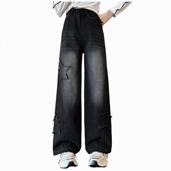 Kakishop Girls Baggy Jeans Y2K Wide Leg Casual Ripped Cargo Jeans for Kid Teens Size 5-14 yrs, 12-13 Years