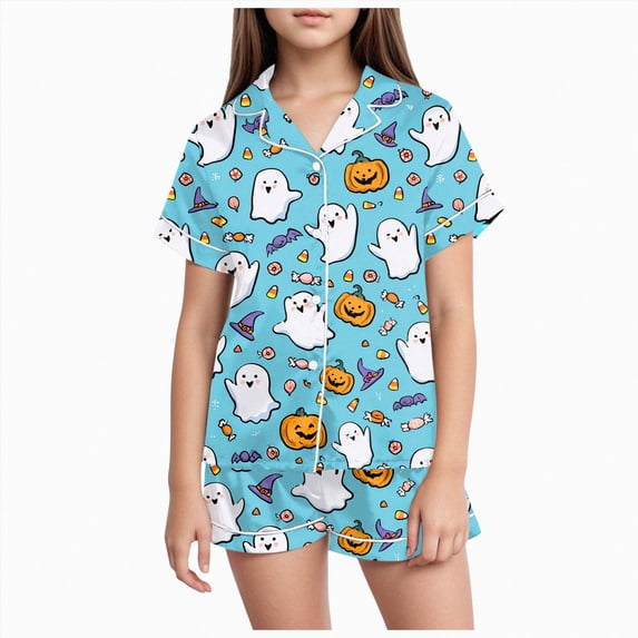 Kakishop Girls PJ Set Girls Satin Pajama Set Halloween Pumpkin Ghost Print Shirts and Shorts Short Sleeve Button Soft 2 Piece Outfits,Sky Blue