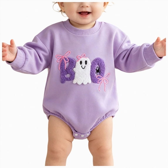 Kakishop Halloween Baby Girl Boy Outfit Ghost Boo Sweatshirt Bubble Romper Sweater Shirt Onesie Fall Clothes (Purple,3-6 Months)