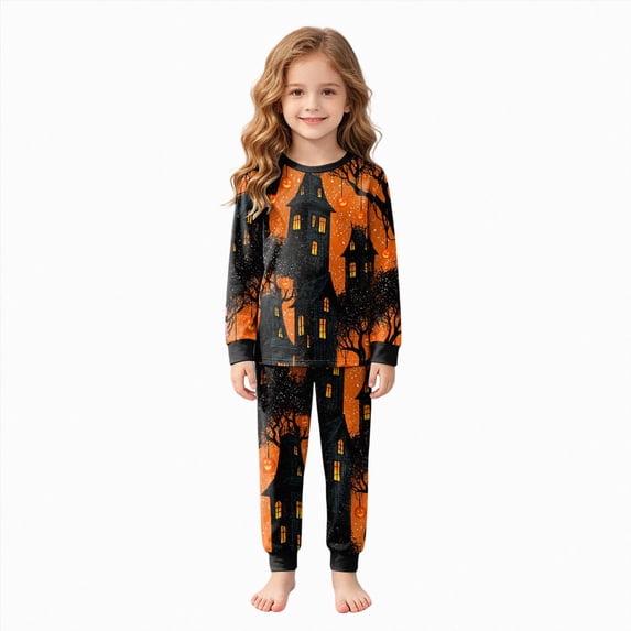 Kakishop Halloween Girls' Tight Fit Long Sleeve Top and Pants Pajama Set, 2-Piece (Black,3-4 Years)