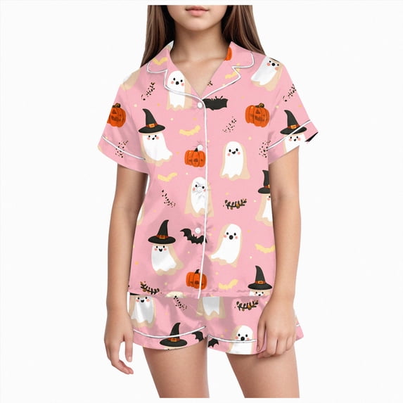 Kakishop Halloween Pajamas Kids Girls Satin Pajama Set Halloween Pumpkin Ghost Print Shirts and Shorts Short Sleeve Button Soft 2 Piece Outfits,Light Pink