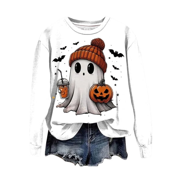 Kakishop Halloween Shirt Women Halloween Sweatshirts for Women Ghost Pumpkin Long Sleeve Shirt Graphic Tees Fall Pullover Tops,White