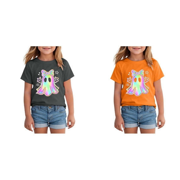 Kakishop Halloween Shirts 2pc for Girls Ghost Print Tshirt Short Sleeve Tee Top Girl Halloween Shirt,4-5 Years