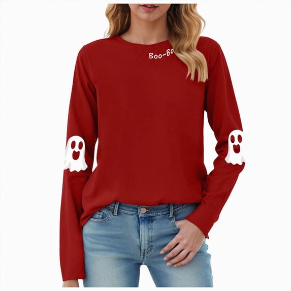 Kakishop Halloween Tshirts Women Sweatshirts Halloween Ghost Sweatshirt Women - Halloween Graphic Crewneck Tops Casual Sweater (Red,3XL)