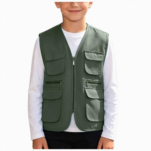 Kakishop Kids Boys Utility Vest Multi Pocket Zip Up Sleeveless Waistcoat Lightweight Breathable Cargo Vest (AG,5-7 Years)