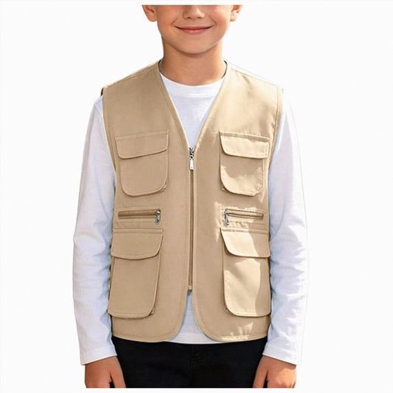 Kakishop Kids Boys Utility Vest Multi Pocket Zip Up Sleeveless Waistcoat Lightweight Breathable Cargo Vest (Khaki,9-11 Years)