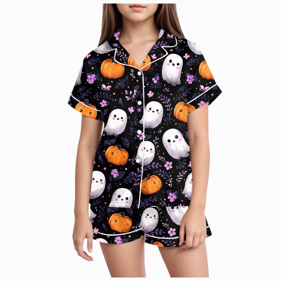 Kakishop Kids Halloween Pajamas Set Pumpkin Ghost Print Short Sleeve 2 Piece,Yellow