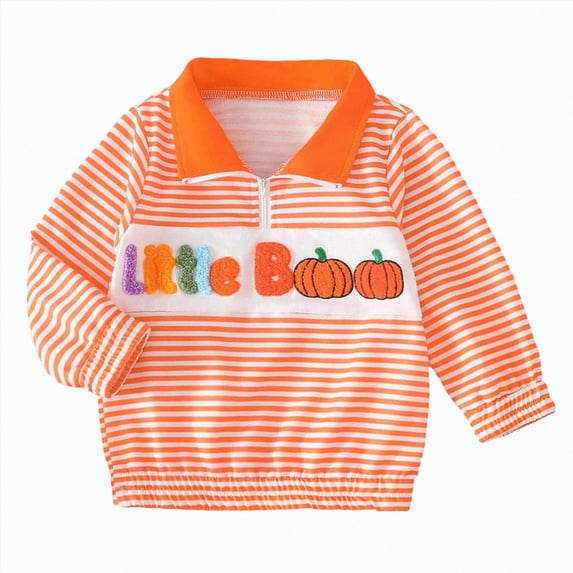 Kakishop Little Boy Girl Spooky Graphic Striped Embroidered Zip-up Mock Neck Long Sleeve Pullover Tops Kids Autumn Winter Clothes, 2-3 Years