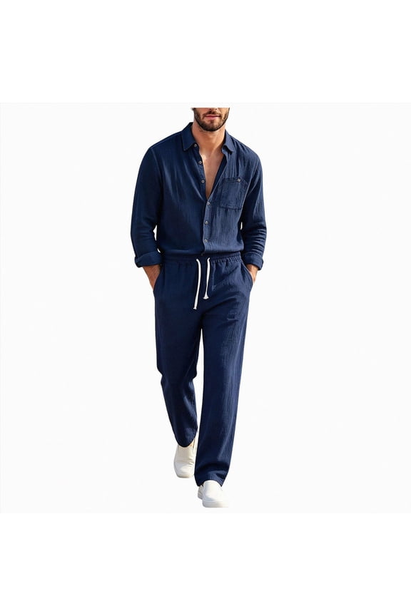 Men's 2 Piece Linen Suit Long Sleeve Button Down Shirt and Pants Sets Walking Suits (Navy,2XL)