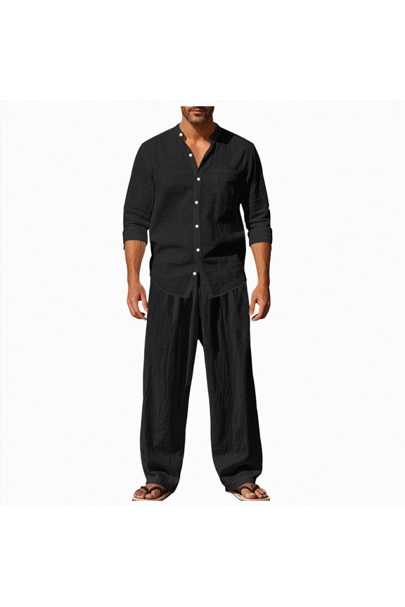 Mens 2 Piece Outfits Long Sleeve Button Down Cuban Shirt and Pants Set Summer Beach Sets (Black,S)
