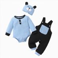 thumbnail image 1 of Kakishop Newborn Baby Boy Fall Winter Outfit Textured Long Sleeve Romper Pocket Suspender Pants Bear Hat 3Pcs Set (Sky Blue,9-12 Months), 1 of 8