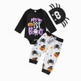 thumbnail image 1 of Kakishop Newborn Baby Boys My First Halloween Outfits Infant Pattern Letter Romper + Pants + Hat 3PCS Halloween Clothes Set (Black,0-3 Months), 1 of 5