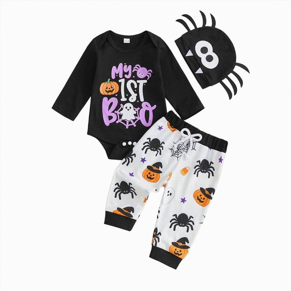 Kakishop Newborn Baby Boys My First Halloween Outfits Infant Pattern Letter Romper + Pants + Hat 3PCS Halloween Clothes Set (Black,0-3 Months)