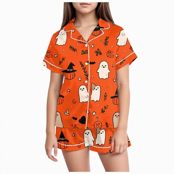 Kakishop Teen Pajamas Girls Satin Pajama Set Halloween Pumpkin Ghost Print Shirts and Shorts Short Sleeve Button Soft 2 Piece Outfits,Watermelon Red
