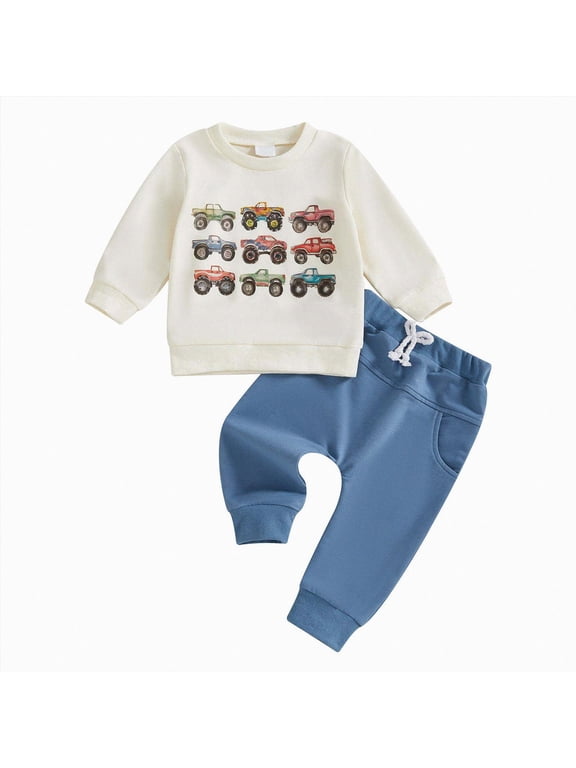 Toddler Baby Boy Fall Outfits Truck Print Long Sleeve Crew Neck Sweatshirt Long Pants 2Pcs Clothes (Blue,3-4 Years)