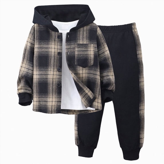 Kakishop Toddler Boy Clothes 2T 3T 4T 5T 6T 7T Boys Plaid Hoodie Button Top Sweatpants Set 2Pcs Fall Winter Outfits for Toddler Little Kids (Brown,5-6 Years)