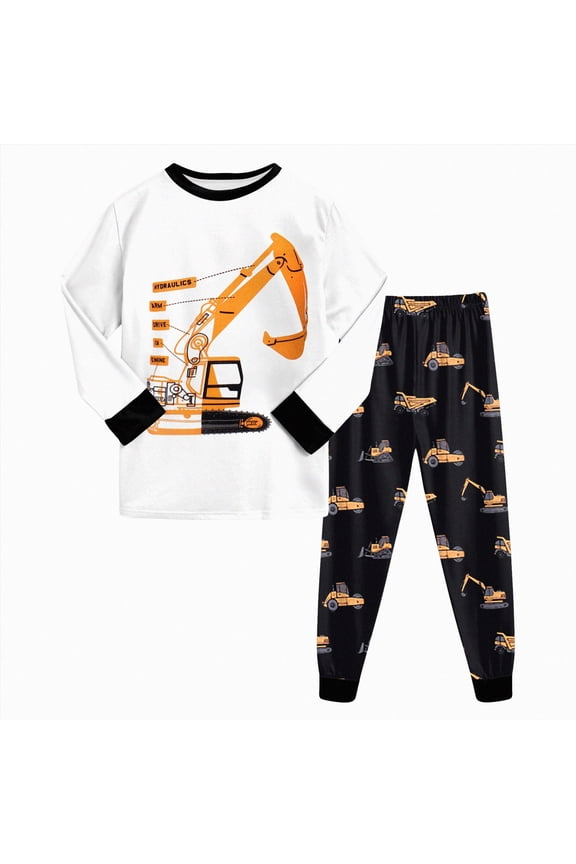 Toddler Boys Pajamas Monster Truck Cotton Planets Sleepwear Pjs Sets Long Sleeve Excavator Jammies (White,2-3 Years)
