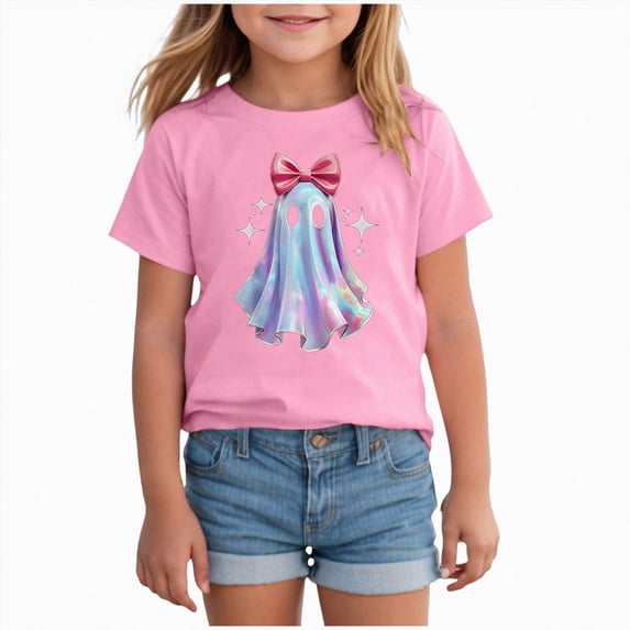 Kakishop Toddler Girl Halloween T-Shirt Ghost Graphic Shirts Kid Short Sleeve Tees Spooky Season Outfits Tops (Pink,2-3 Years)