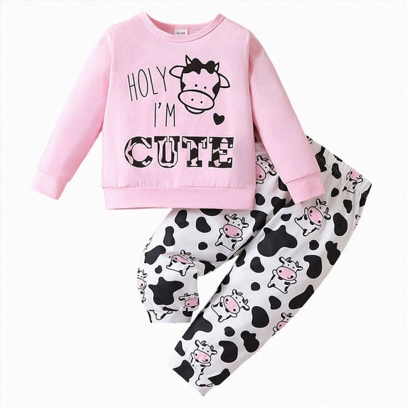 Kakishop Toddler Girl Outfits Long Sleeve Cartoon Cow Prints Tops Pants Two Piece Casual Set Girls Clothes (Pink,5-6 Years)