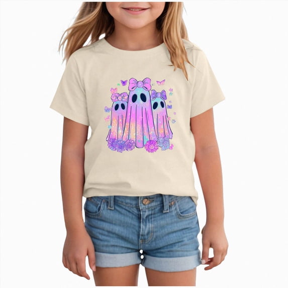 Kakishop Toddler Girls Halloween Shirt Cute Ghost with Bow Print Short Sleeve Top Spooky Season Outfit (Beige,12-13 Years)