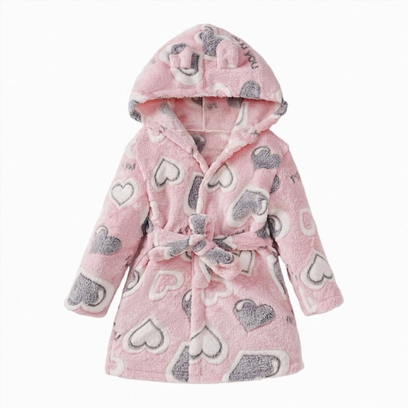 Kakishop Toddler Hooded Fleece Bathrobe Unisex Kids Soft Warm Printed Sleep Robe for Boys Girls Lounging (Grey,5-6 Years)