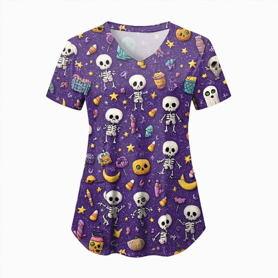 Kakishop Womens Halloween Shirt Fall Doodles Crew Neck Shirt Funny Family Party Celebration Short Sleeve Halloween T Shirt Women Graphic Tops (Purple,3XL)
