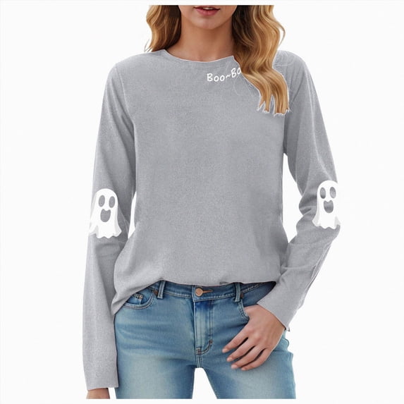 Kakishop Womens Halloween Sweatshirts Spooky Ghost Graphic Sweatshirt Trendy Round Neck T-shirt Long Sleeve Holiday Pullover Tops Halloween Gifts (Light Gray,2XL)