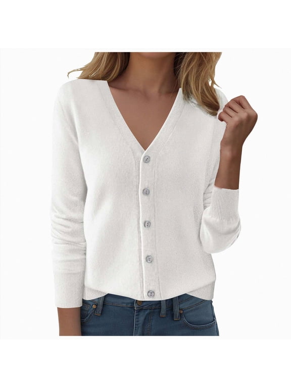 Womens Lightweight Cardigan Sweaters Trendy Button Up V-Neck Knit Cardigans Shrug Summer Fashion Autunm Clothes,White