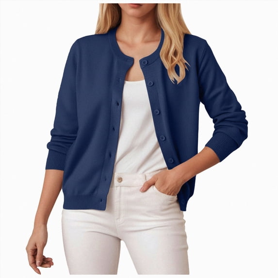 Kakishop Womens Long Sleeve Knit Cardigan Sweaters Casual Dressy Open Front Button Down Cardigans Fall Outfits,Navy
