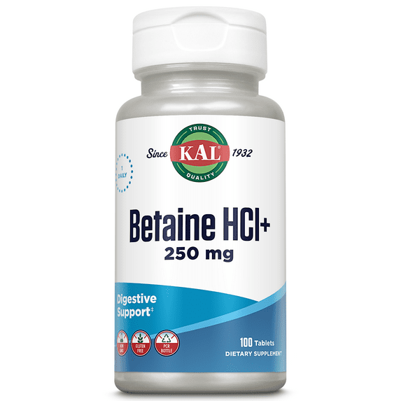 KAL Betaine HCL Plus 250 mg | In 130 mg Pepsin Base | Healthy Digestive Function Support | Protein Digestion | Rapid Disintegration | 100 Tablets