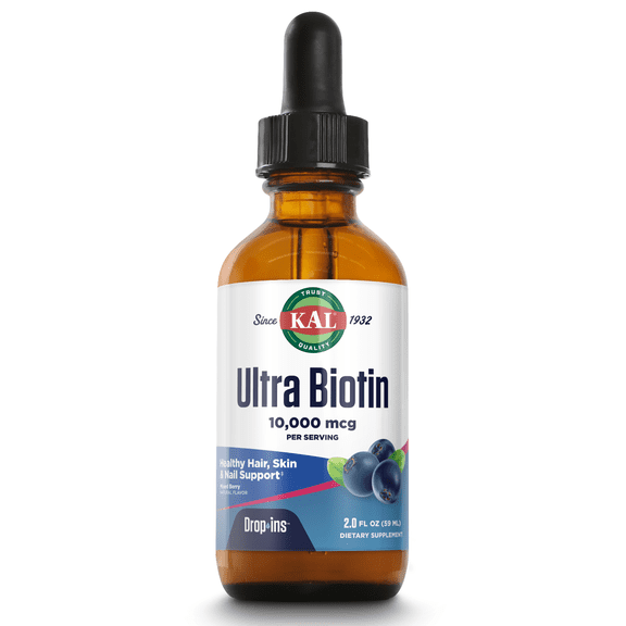 KAL Ultra Biotin DropIns 10,000 mcg Supplement | Healthy Hair Growth Formula | Skin Health & Strong Nails Support | Natural Mixed Berry Flavor | 2oz