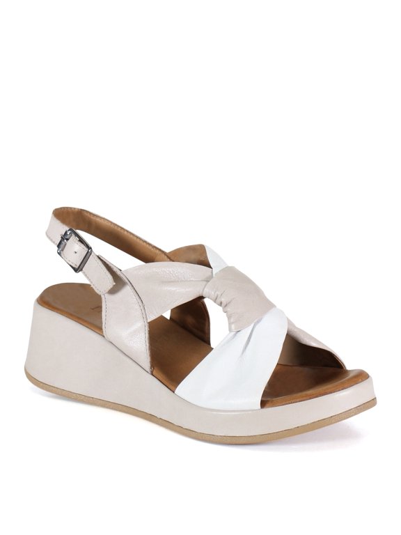 True Women's Kala Flower Leather Contrast Knot Platform Wedge Sandal (White/Silver, 37)