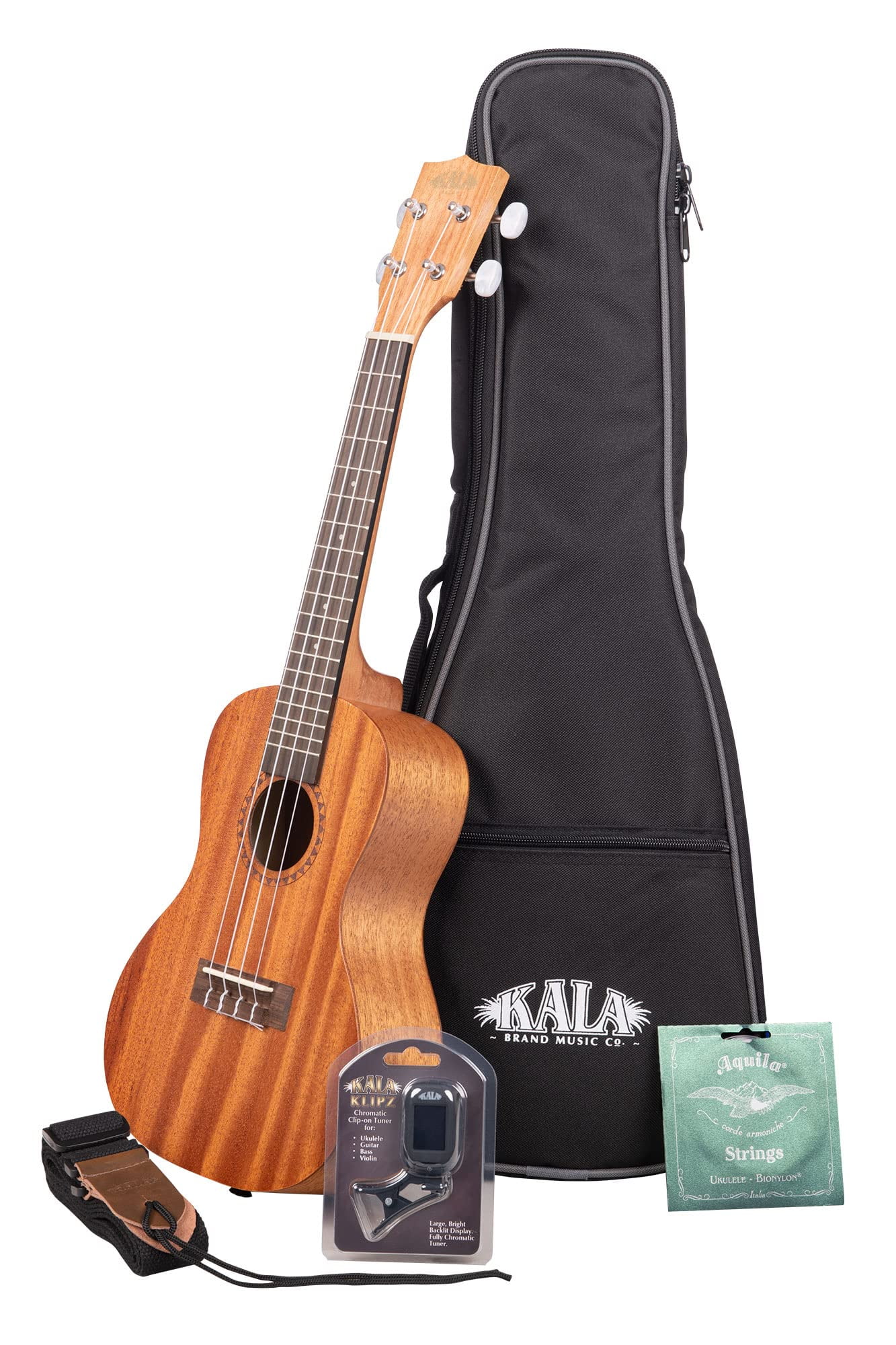 Kala KA-15 Concert Ukulele Bundle Included Gig Bag, Tuner, Strap and String, Natural Mahogany
