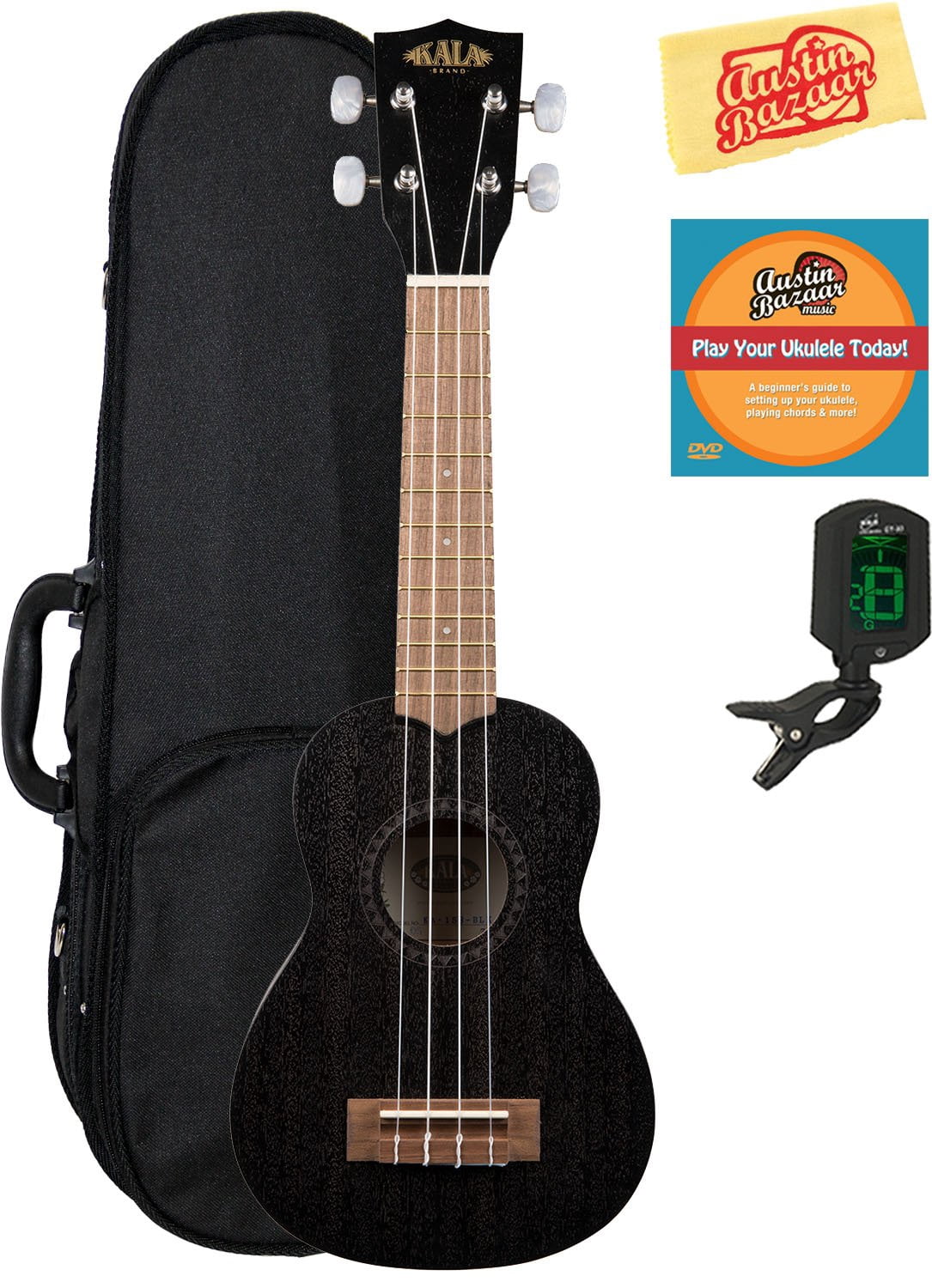 Kala KA-15S-BLK Satin Mahogany Soprano Ukulele - Black Bundle with Hard Case, Tuner, Austin Bazaar Instructional DVD, and Polishing Cloth
