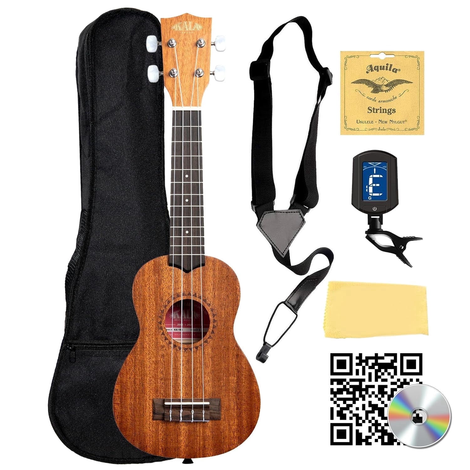 Kala KA-15S Satin Mahogany Soprano Ukulele Bundle with Gig Bag, Tuner, Strap, Fender Play, Austin Bazaar Instructional DVD, and Polishing Cloth