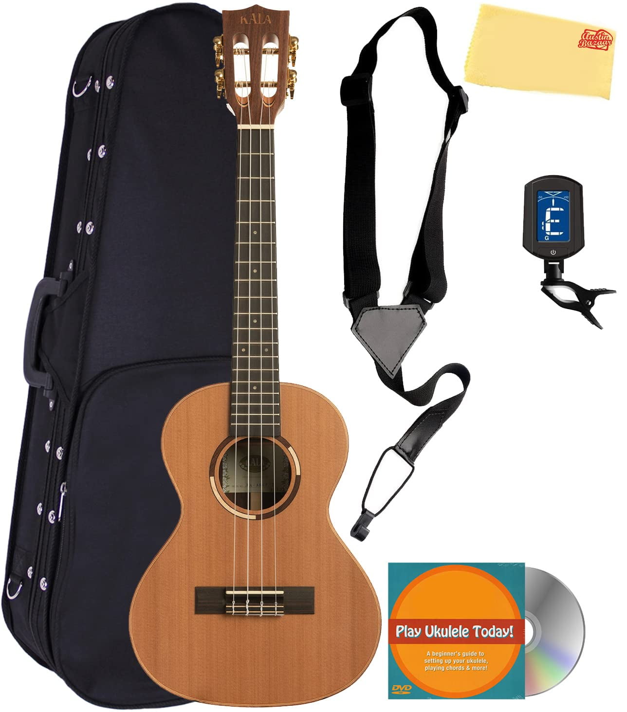 Kala KA-ASCP-T Solid Cedar Top Pau Ferro Tenor Ukulele with Hard Case, Strap, Tuner, Austin Bazaar Instructional DVD, and Polishing Cloth