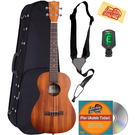 Kala KA-B Satin Mahogany Baritone Ukulele Bundle with Hard Case, Tuner, Strap, Austin Bazaar Instructional DVD, and Polishing Cloth