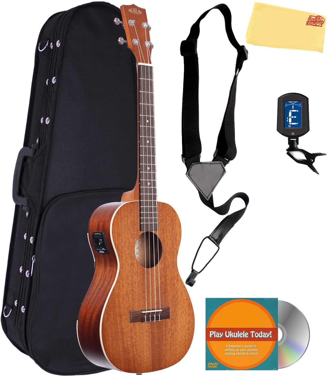 Kala KA-BE Mahogany Baritone Acoustic-Electric Ukulele with Hard Case, Strap, Tuner, Austin Bazaar Instructional DVD, and Polishing Cloth