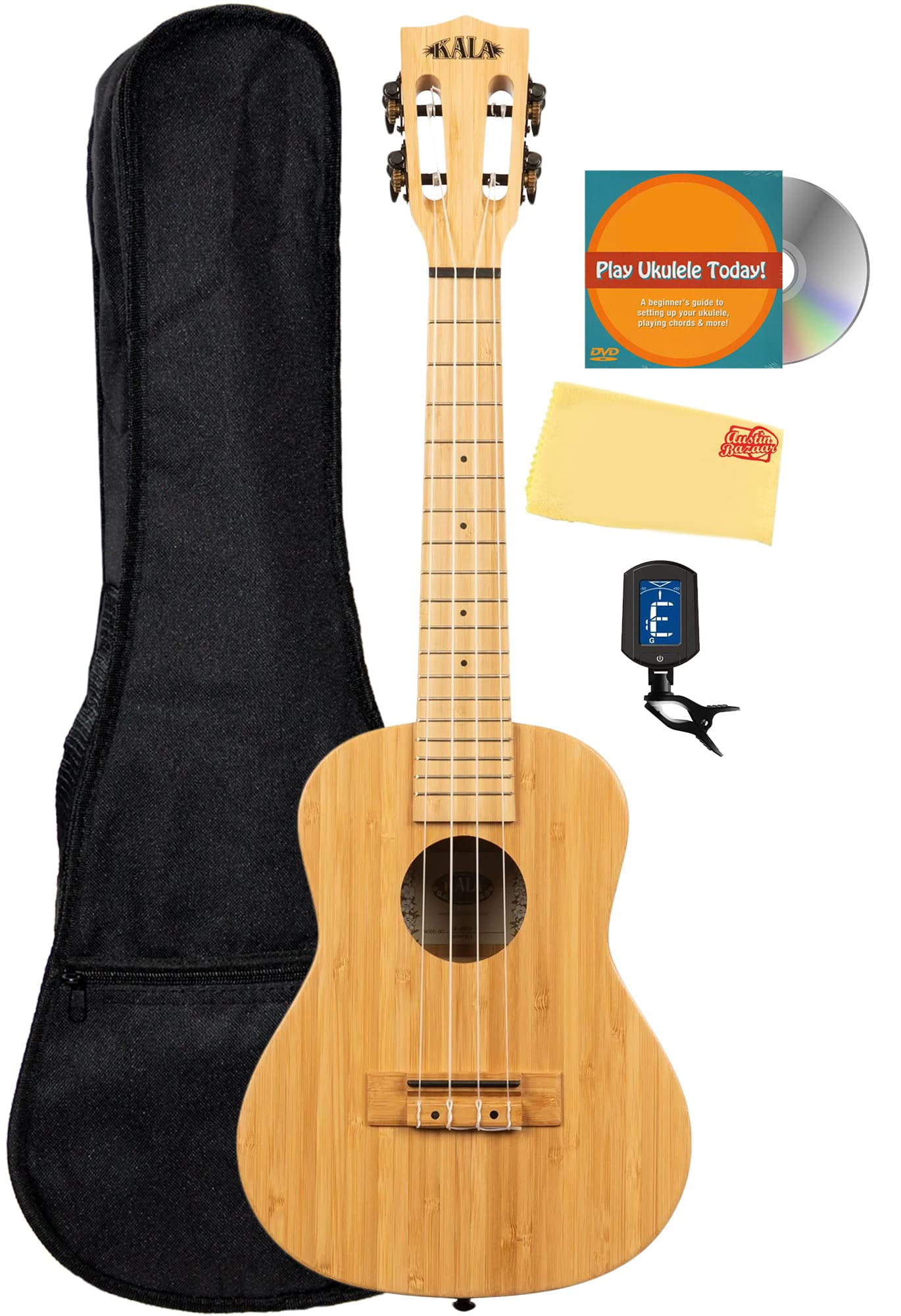 Kala KA-BMB-C Bamboo Concert Ukulele Bundle with Gig Bag, Tuner, Austin Bazaar Instructional DVD, and Polishing Cloth